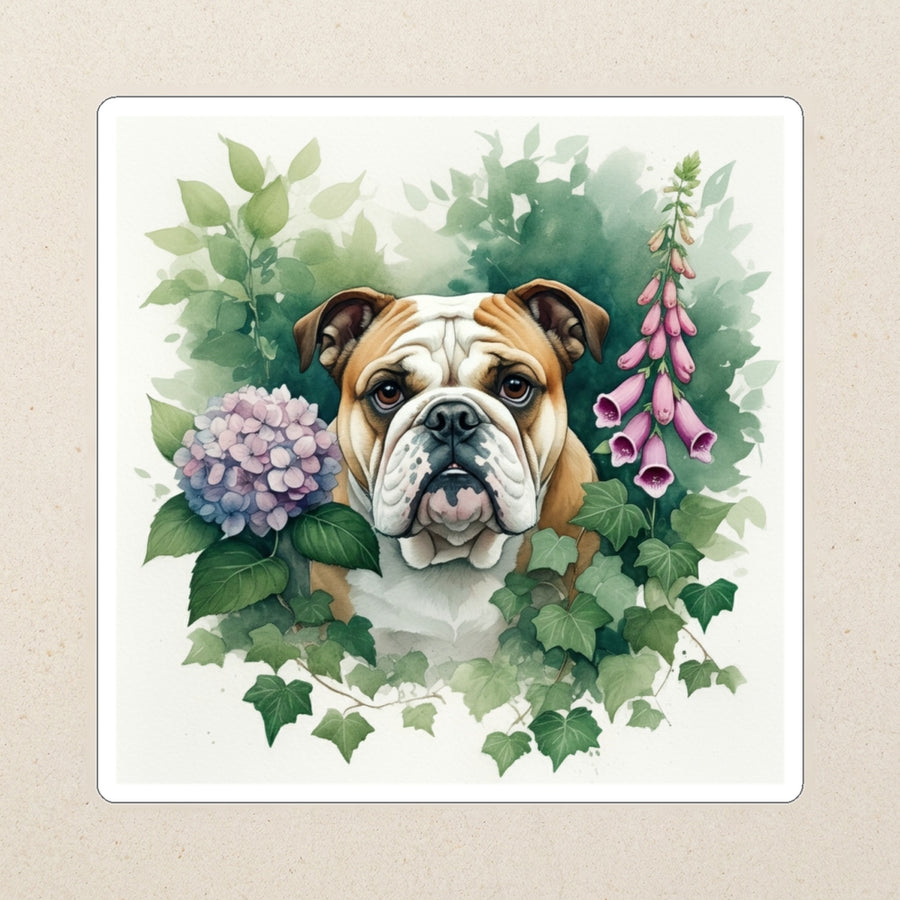English Bulldog Watercolor Kiss-Cut Sticker, Soft Dog Art, English Bulldog Lover Gift, Waterproof Vinyl kiss-cut vinyl sticker applied to a journal cover on a limestone desk, photographed from directly above