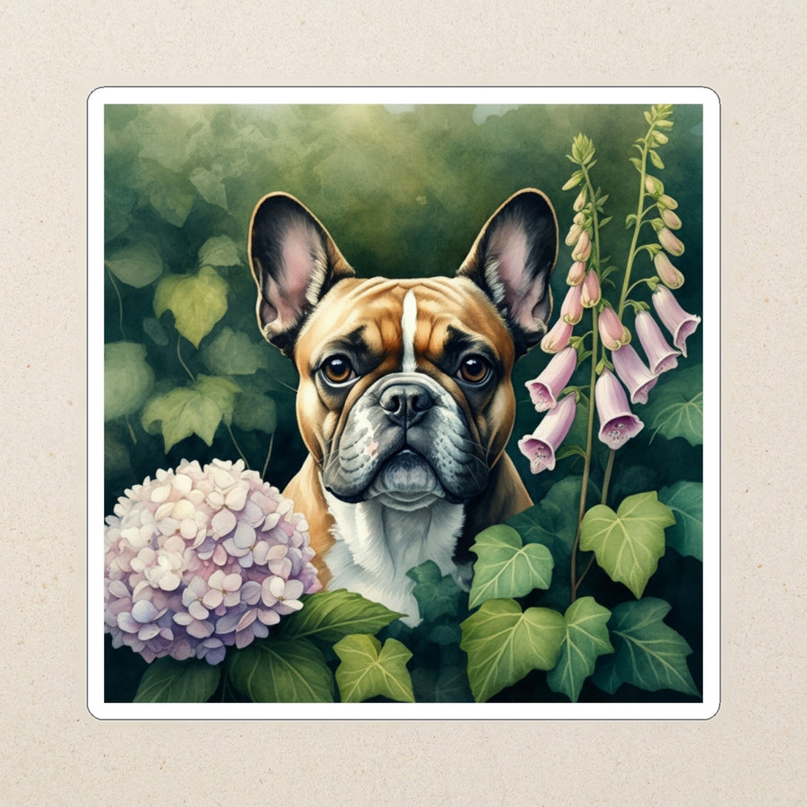 French Bulldog Watercolor Kiss-Cut Sticker, Soft Dog Art, French Bulldog Lover Gift, Waterproof Vinyl kiss-cut vinyl sticker applied to a journal cover on a limestone desk, photographed from directly above