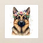 German Shepherd Watercolor Kiss-Cut Sticker, Soft Dog Art, German Shepherd Lover Gift, Waterproof Vinyl kiss-cut vinyl sticker applied to a journal cover on a limestone desk, photographed from directly above