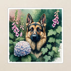 German Shepherd Watercolor Kiss-Cut Sticker, Soft Dog Art, German Shepherd Lover Gift, Waterproof Vinyl kiss-cut vinyl sticker applied to a journal cover on a limestone desk, photographed from directly above