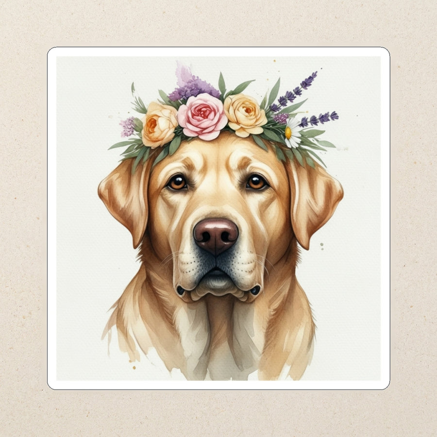 Labrador Retriever Watercolor Kiss-Cut Sticker, Soft Dog Art, Labrador Retriever Lover Gift, Waterproof Vinyl kiss-cut vinyl sticker applied to a journal cover on a limestone desk, photographed from directly above