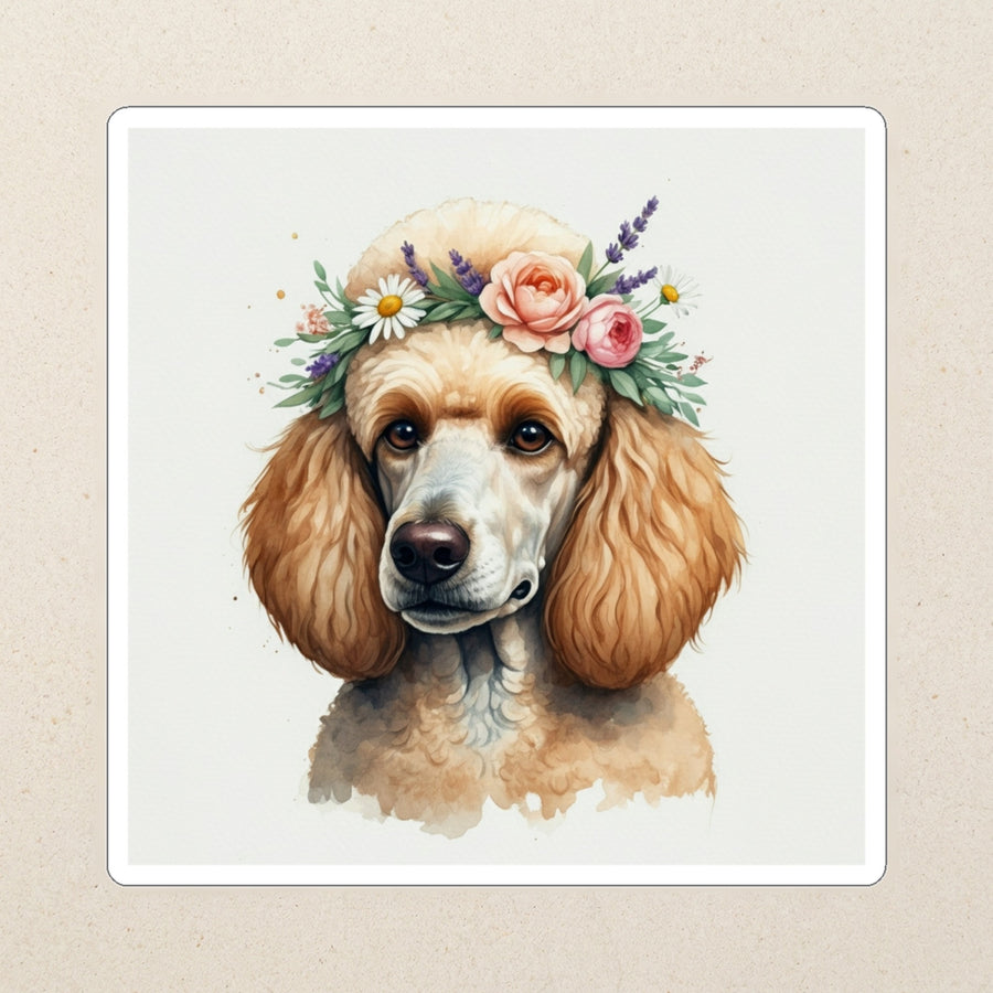 Poodle Watercolor Kiss-Cut Sticker, Soft Dog Art, Poodle Lover Gift, Waterproof Vinyl kiss-cut vinyl sticker applied to a journal cover on a limestone desk, photographed from directly above