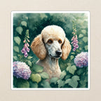 Poodle Watercolor Kiss-Cut Sticker, Soft Dog Art, Poodle Lover Gift, Waterproof Vinyl kiss-cut vinyl sticker applied to a journal cover on a limestone desk, photographed from directly above