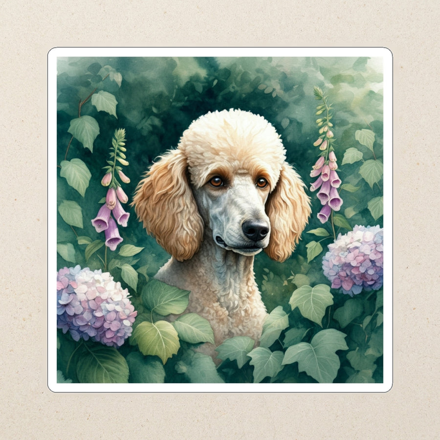 Poodle Watercolor Kiss-Cut Sticker, Soft Dog Art, Poodle Lover Gift, Waterproof Vinyl kiss-cut vinyl sticker applied to a journal cover on a limestone desk, photographed from directly above