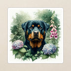 Rottweiler Watercolor Kiss-Cut Sticker, Soft Dog Art, Rottweiler Lover Gift, Waterproof Vinyl kiss-cut vinyl sticker applied to a journal cover on a limestone desk, photographed from directly above