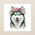 Siberian Husky Watercolor Kiss-Cut Sticker, Soft Dog Art, Siberian Husky Lover Gift, Waterproof Vinyl kiss-cut vinyl sticker applied to a journal cover on a limestone desk, photographed from directly above