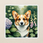 Corgi Watercolor Kiss-Cut Sticker, Soft Dog Art, Corgi Lover Gift, Waterproof Vinyl kiss-cut vinyl sticker applied to a journal cover on a limestone desk, photographed from directly above