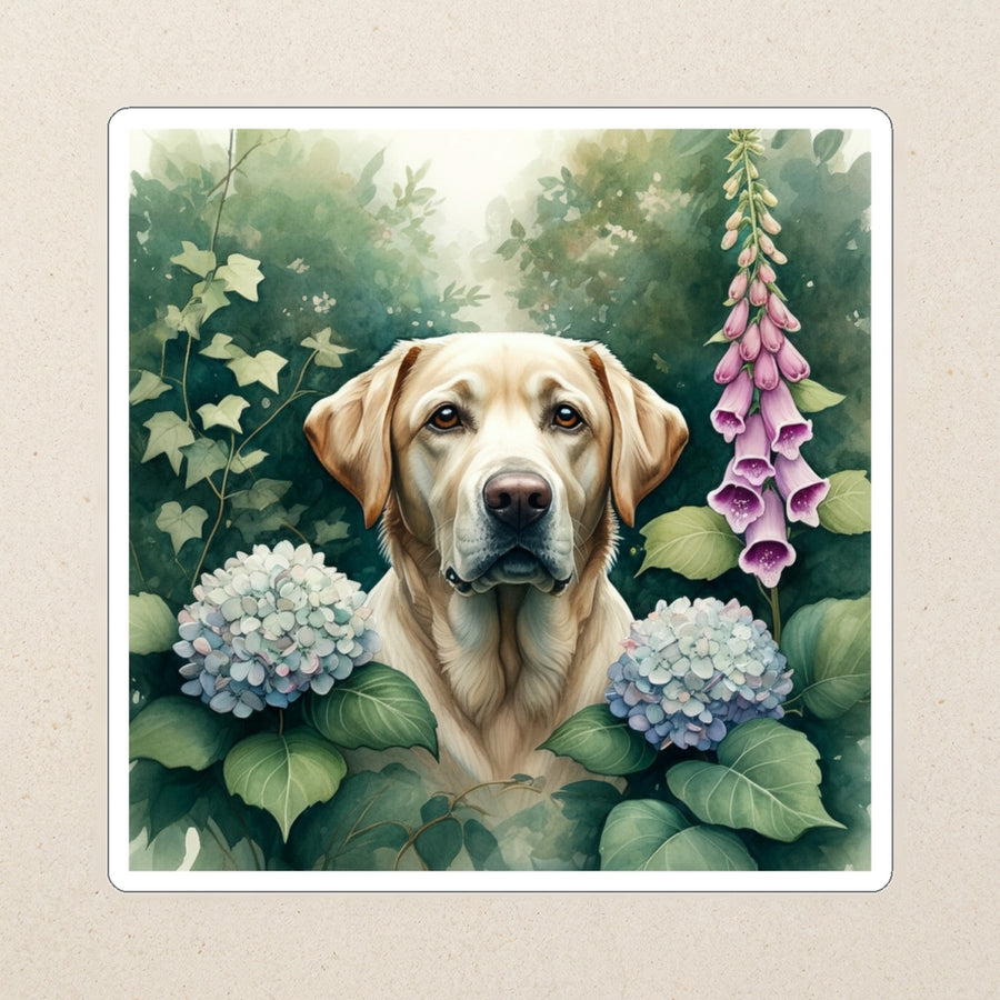 Labrador Retriever Watercolor Kiss-Cut Sticker, Soft Dog Art, Labrador Retriever Lover Gift, Waterproof Vinyl kiss-cut vinyl sticker applied to a journal cover on a limestone desk, photographed from directly above