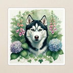 Siberian Husky Watercolor Kiss-Cut Sticker, Soft Dog Art, Siberian Husky Lover Gift, Waterproof Vinyl kiss-cut vinyl sticker applied to a journal cover on a limestone desk, photographed from directly above