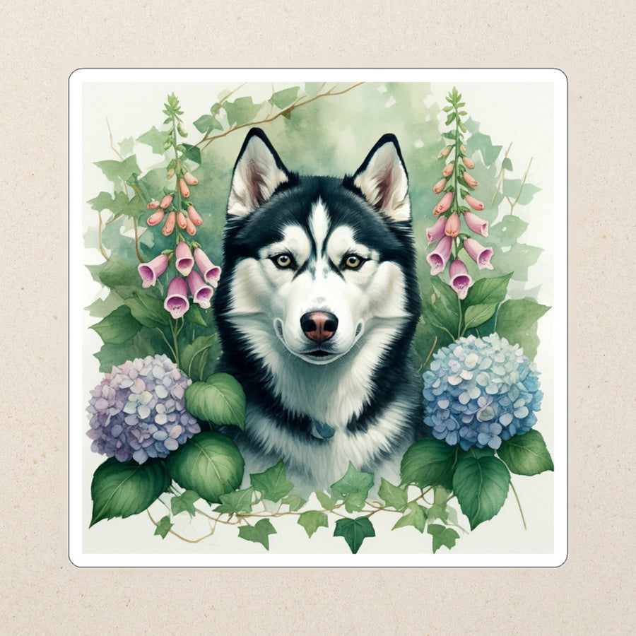 Siberian Husky Watercolor Kiss-Cut Sticker, Soft Dog Art, Siberian Husky Lover Gift, Waterproof Vinyl kiss-cut vinyl sticker applied to a journal cover on a limestone desk, photographed from directly above