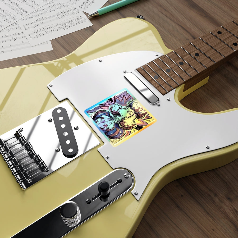 Poodle Comic Pop Art vinyl sticker by Tritan, on a guitar