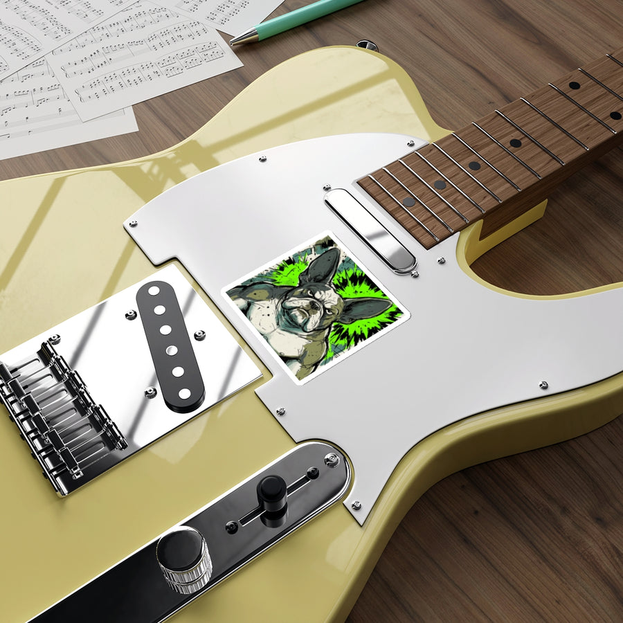 French Bulldog Comic Pop Art vinyl sticker by Tritan, on a guitar