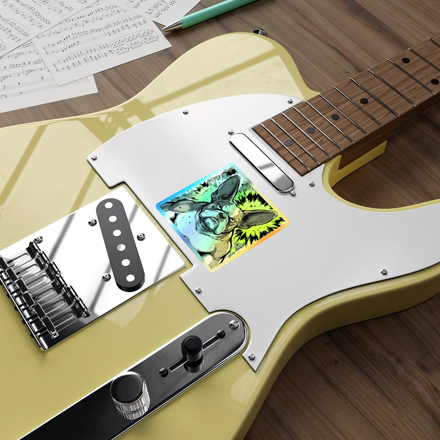 French Bulldog Comic Pop Art vinyl sticker by Tritan, on a guitar