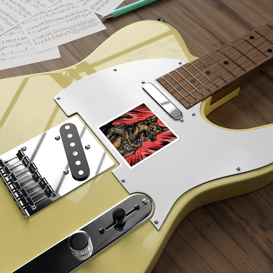 German Shepherd Comic Pop Art vinyl sticker by Tritan, on a guitar