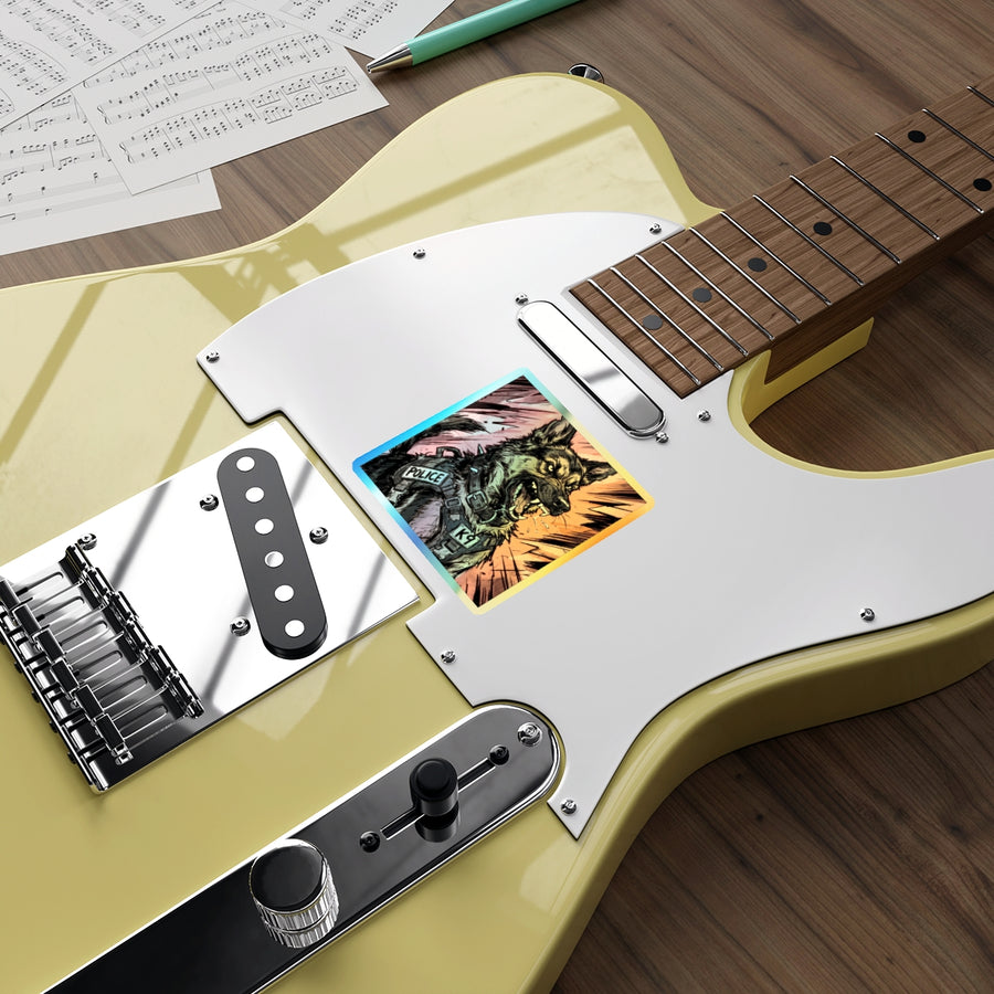 German Shepherd Comic Pop Art vinyl sticker by Tritan, on a guitar