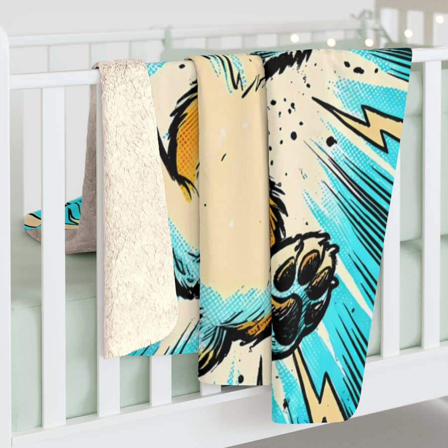 Corgi Comic Pop Art sherpa blanket by Tritan, on bed