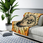 Pomeranian Comic Pop Art sherpa blanket by Tritan, on sofa