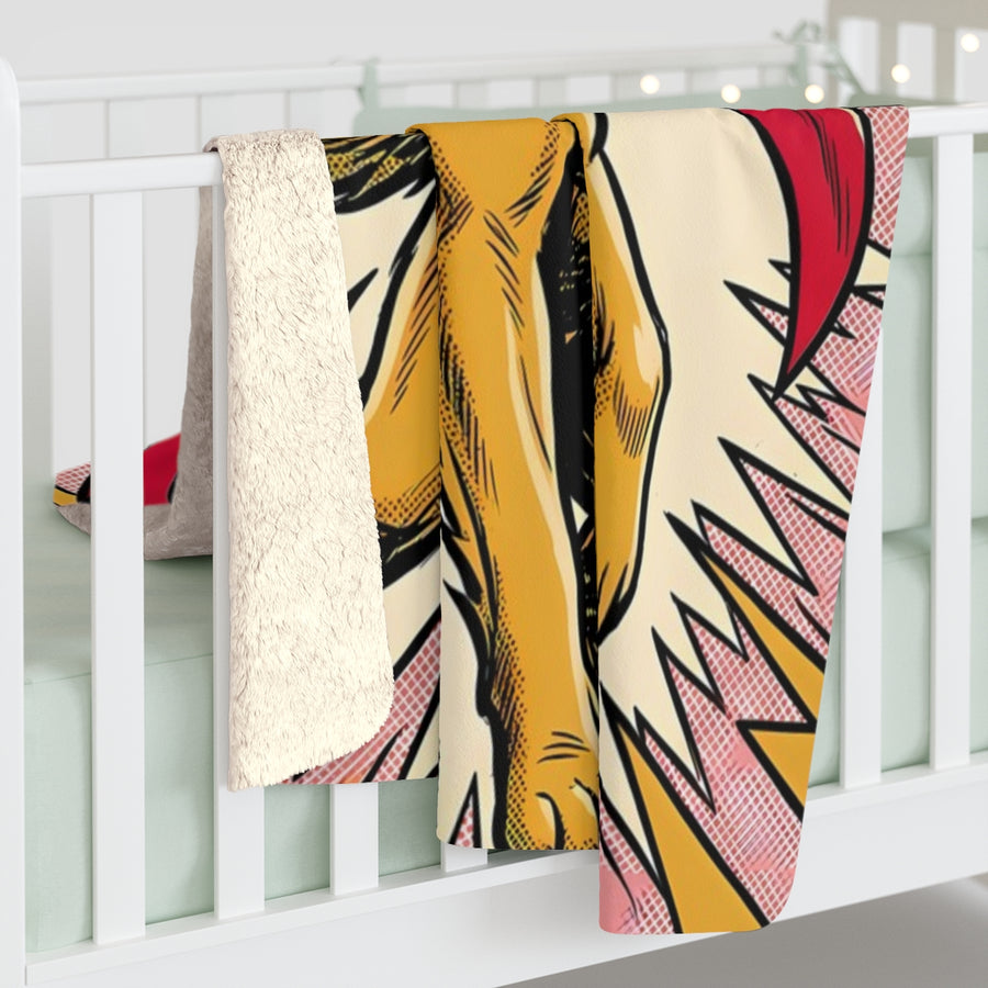 Golden Retriever Comic Pop Art sherpa blanket by Tritan, on bed