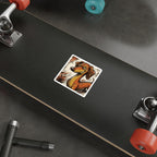 Dachshund Comic Pop Art vinyl sticker by Tritan, on a skateboard