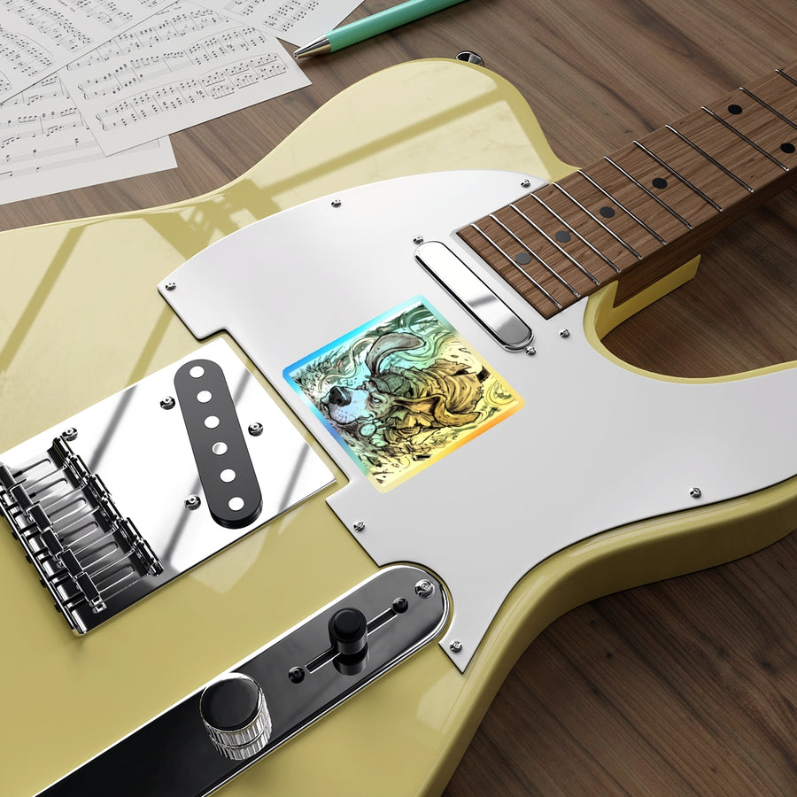 Beagle Comic Pop Art vinyl sticker by Tritan, on a guitar
