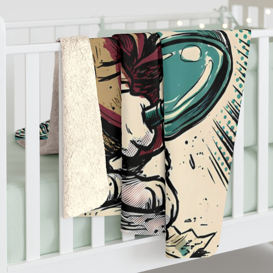 Beagle Comic Pop Art sherpa blanket by Tritan, on bed