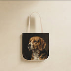 Beagle Tote Bag canvas tote bag hanging by its handles against a warm limestone wall
