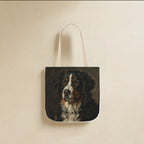 Bernese Mountain Dog Tote Bag canvas tote bag hanging by its handles against a warm limestone wall