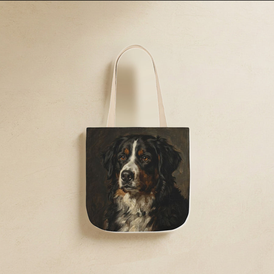 Bernese Mountain Dog Tote Bag canvas tote bag hanging by its handles against a warm limestone wall