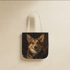 Pembroke Welsh Corgi Tote Bag canvas tote bag hanging by its handles against a warm limestone wall