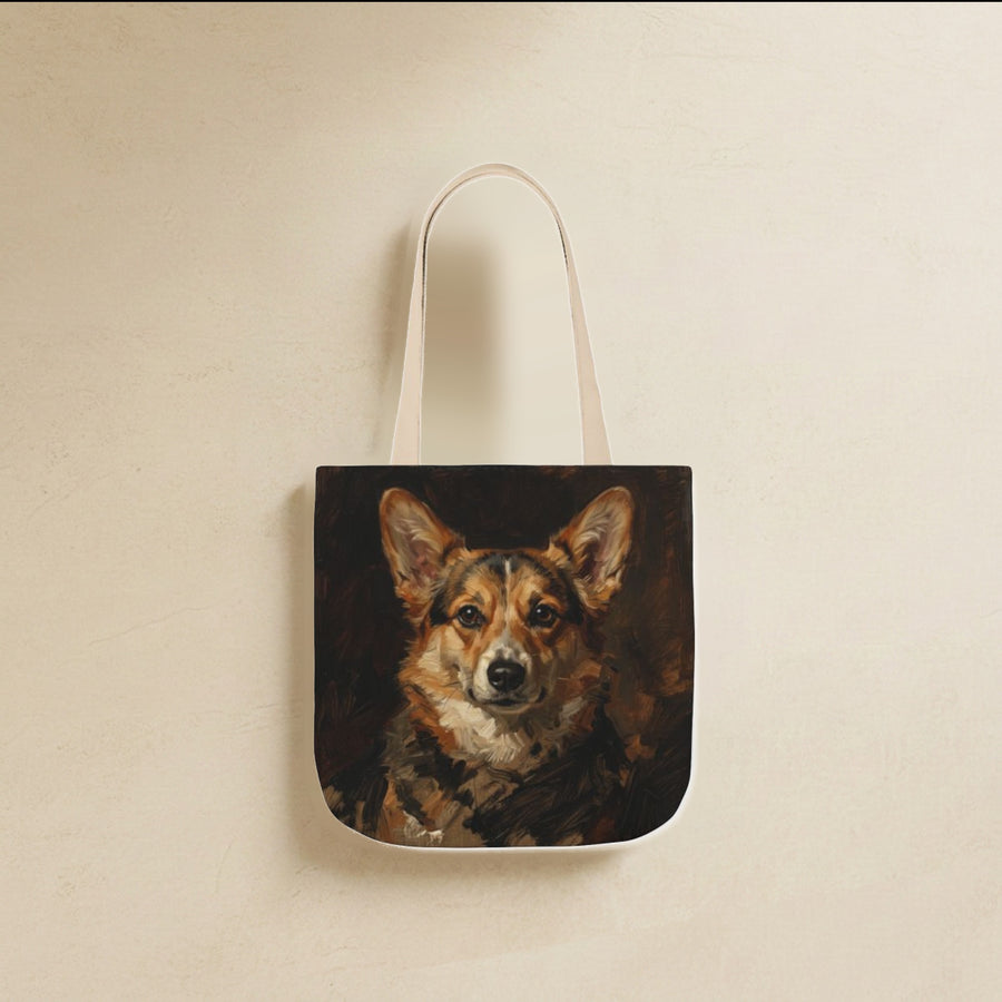 Pembroke Welsh Corgi Tote Bag canvas tote bag hanging by its handles against a warm limestone wall