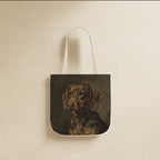Dachshund Tote Bag canvas tote bag hanging by its handles against a warm limestone wall