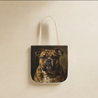 English Bulldog Tote Bag canvas tote bag hanging by its handles against a warm limestone wall