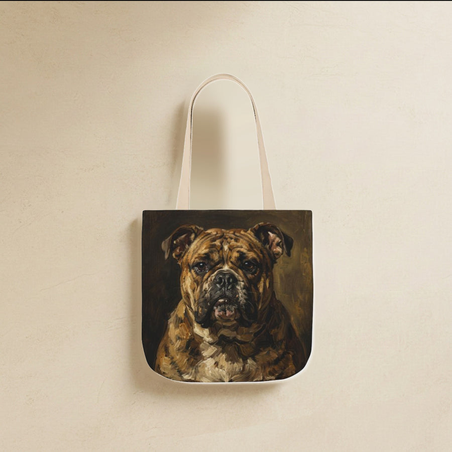 English Bulldog Tote Bag canvas tote bag hanging by its handles against a warm limestone wall