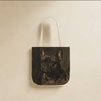 French Bulldog Tote Bag canvas tote bag hanging by its handles against a warm limestone wall