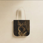 German Shepherd Tote Bag canvas tote bag hanging by its handles against a warm limestone wall