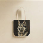 Siberian Husky Tote Bag canvas tote bag hanging by its handles against a warm limestone wall