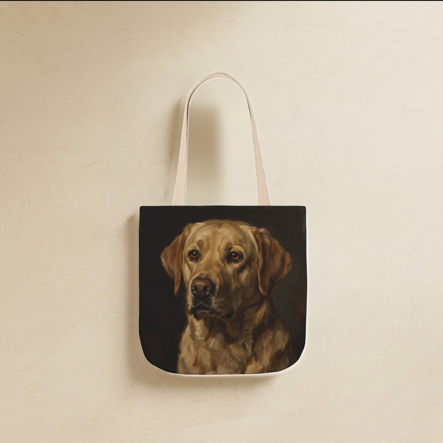 Labrador Retriever Tote Bag canvas tote bag hanging by its handles against a warm limestone wall