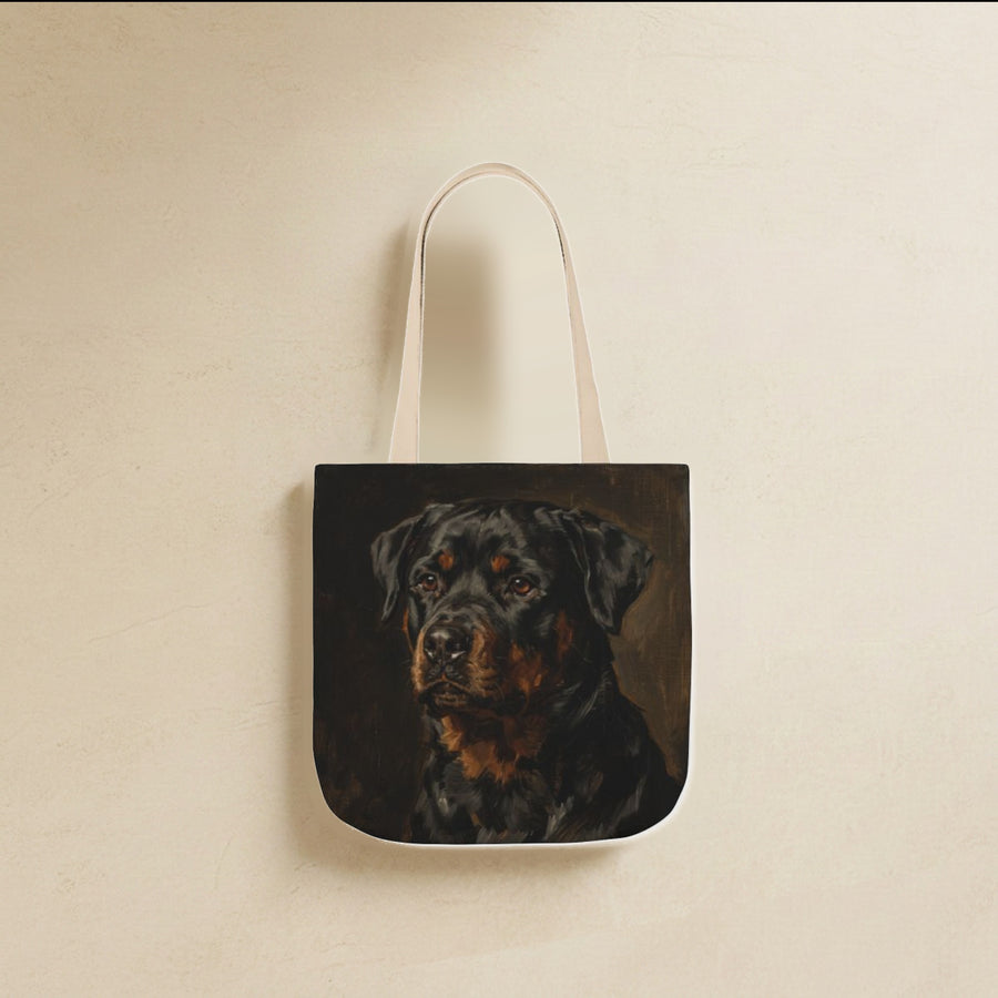 Rottweiler Tote Bag canvas tote bag hanging by its handles against a warm limestone wall