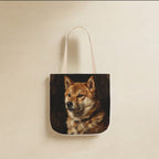 Shiba Inu Tote Bag canvas tote bag hanging by its handles against a warm limestone wall