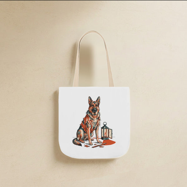 German Shepherd Halloween Tote Bag canvas tote bag hanging by its handles against a warm limestone wall