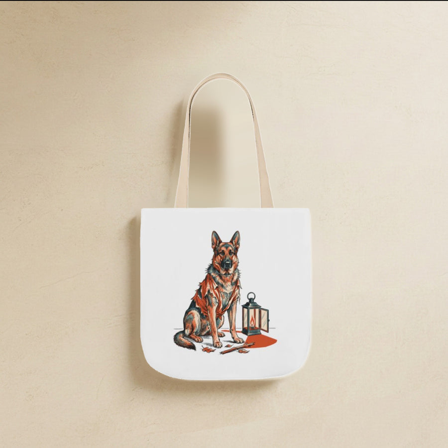 German Shepherd Halloween Tote Bag canvas tote bag hanging by its handles against a warm limestone wall