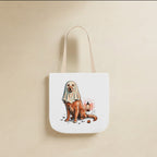Golden Retriever Halloween Tote Bag canvas tote bag hanging by its handles against a warm limestone wall