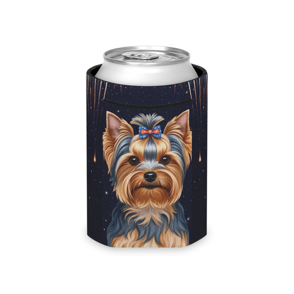 Yorkshire Terrier 4th of July Patriotic Dog Pattern Can Cooler | Yorkie Lover Gift | Independence Day Party Decor | Premium Beverage Cooler — Lifestyle View