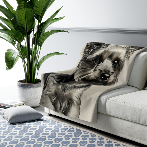 Yorkshire Terrier Charcoal Portrait Sherpa Fleece Blanket | Dog Lover Gift — Lifestyle View