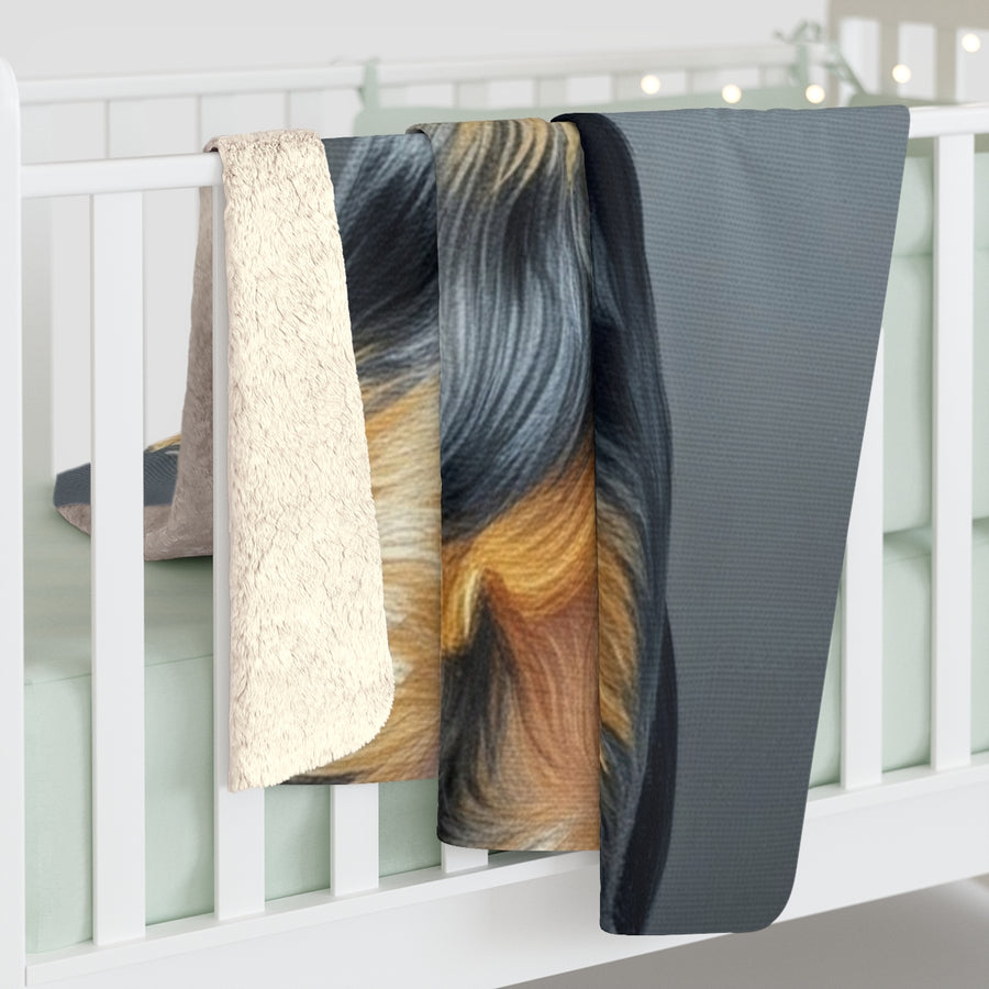 Yorkshire Terrier Oil Portrait sherpa blanket by Tritan, on bed