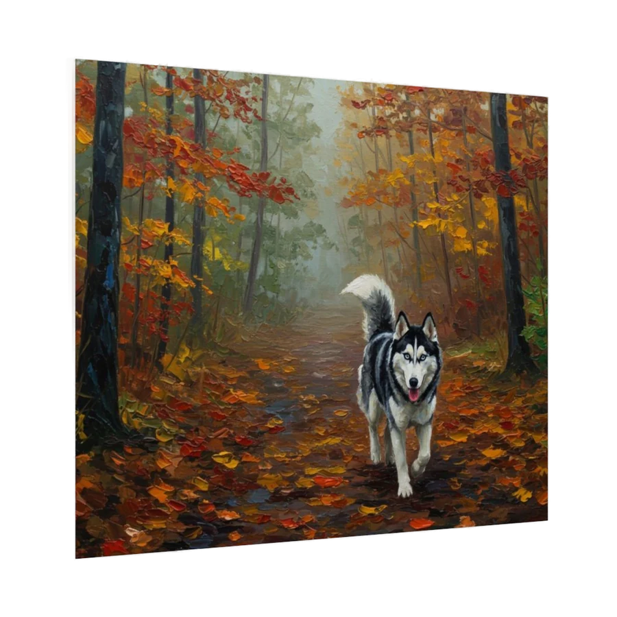 Siberian husky on an autumn forest trail, acrylic painting on a gallery-wrapped canvas