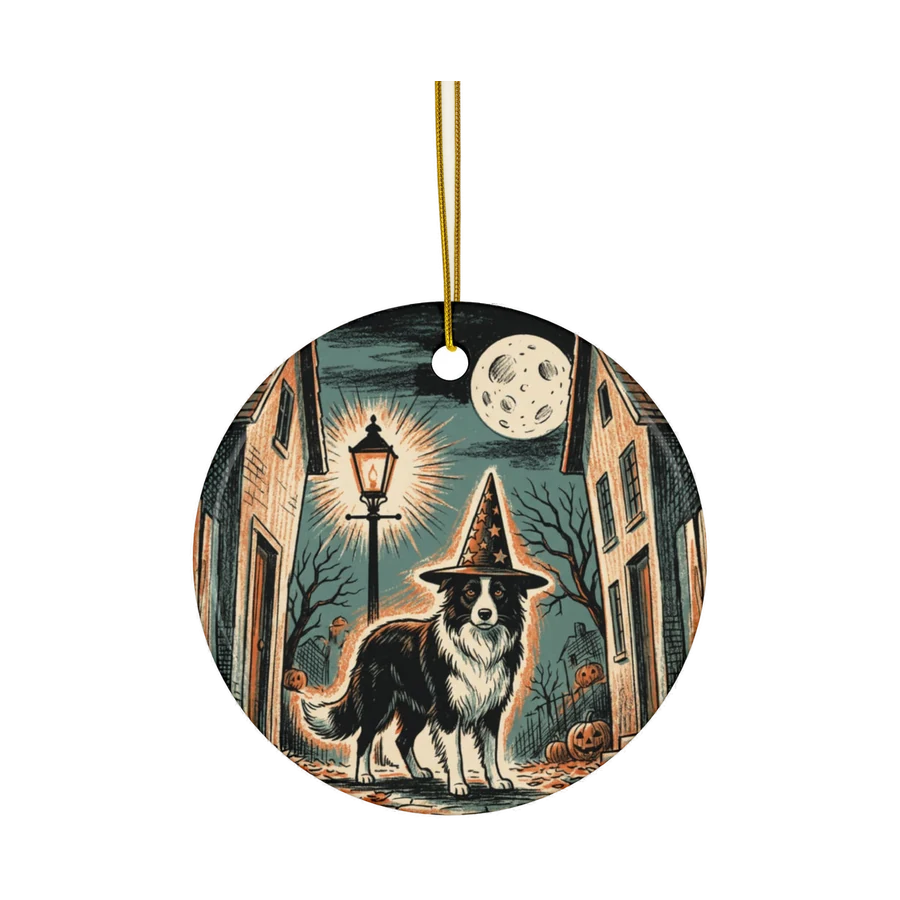 Border collie in a wizard hat on a round ceramic Halloween ornament