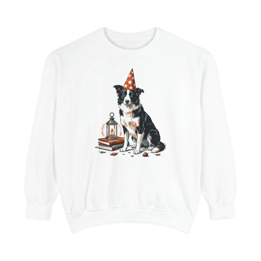 Border collie in a wizard hat printed on a white Comfort Colors Halloween sweatshirt