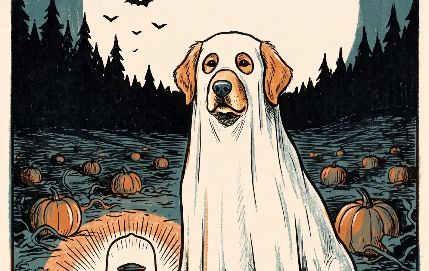 A golden retriever in a ghost costume holding a lantern, in a 1950s picture book plate style