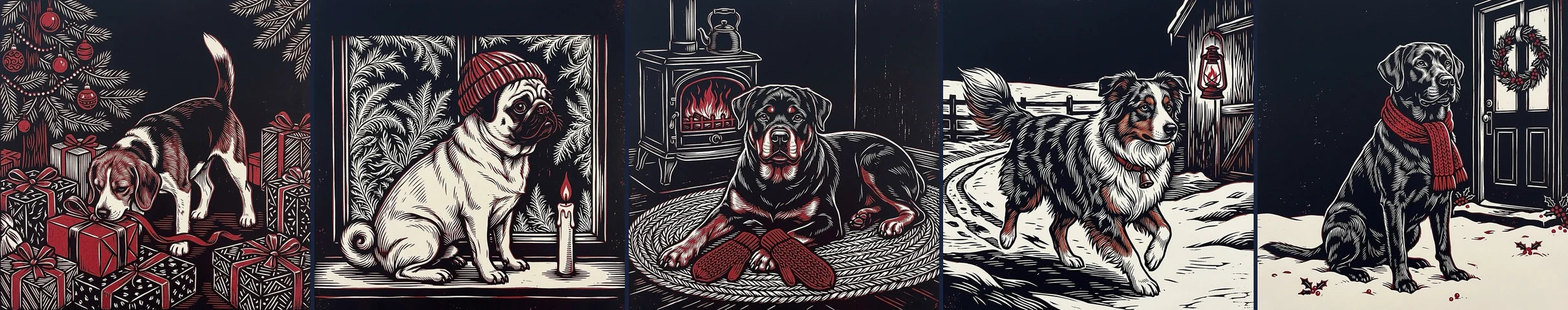 Five linocut Christmas scenes: a beagle among presents, a pug in a knit hat by a candle, a rottweiler by a wood stove, an Australian shepherd in the snow, a black labrador in a red scarf